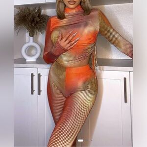 Fashion Nova Orange Gradient Mesh 2-Piece Set | Ruched Side Tie Top Size S